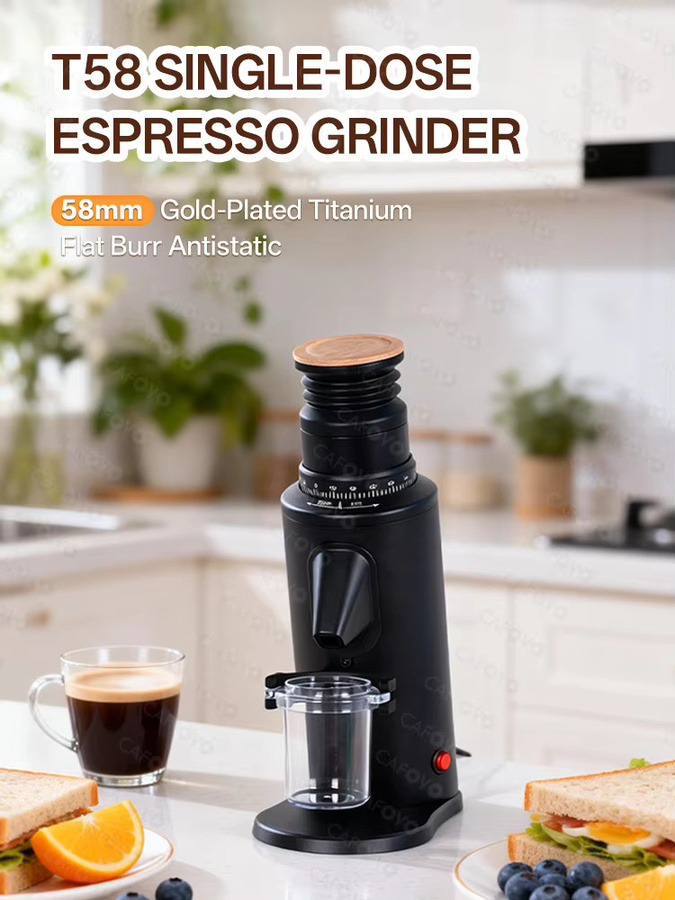 CAFOVO T58 Elektrische Einzeldosis-Espressomühle mit 58mm vergoldetem Titan-Flachmahlwerk in Schwarz und Gold - Bild 6