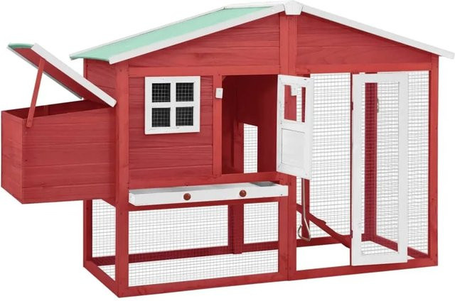 vidaXL Hühnerstall mit Legekasten aus massivem Tannenholz in Rot und Weiß, B/T/H: 191 x 67 x 117 cm - Bild 1