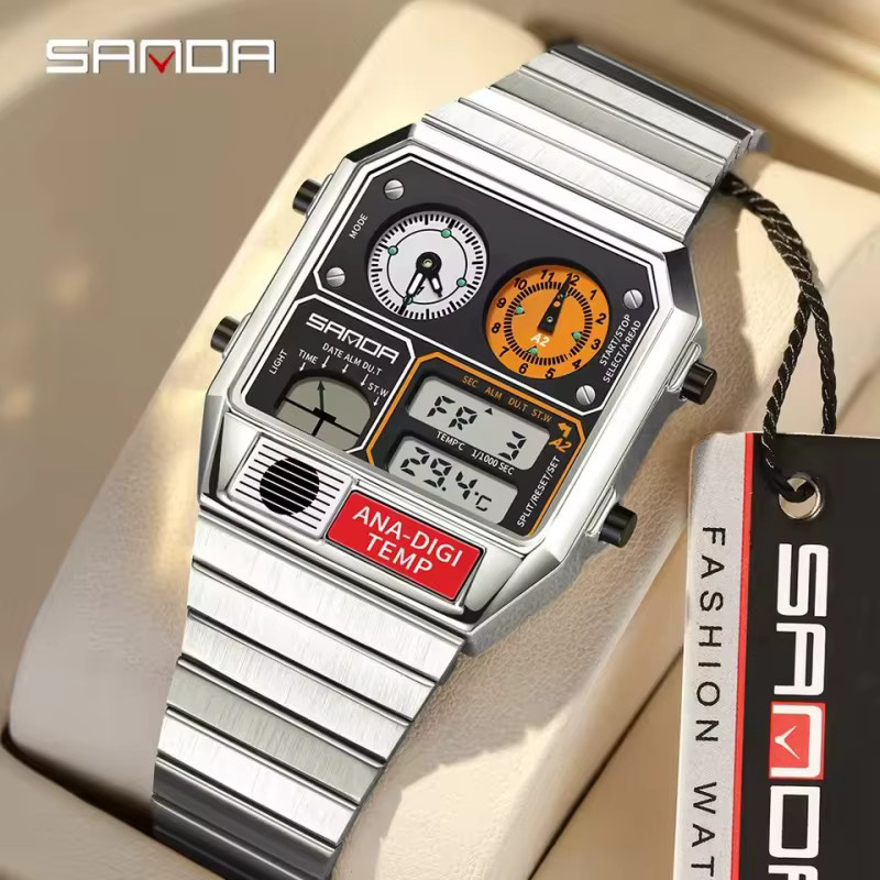 SANDA Digitaluhr, Chronograph, Edelstahl, Schwarz, Herren - Bild 3