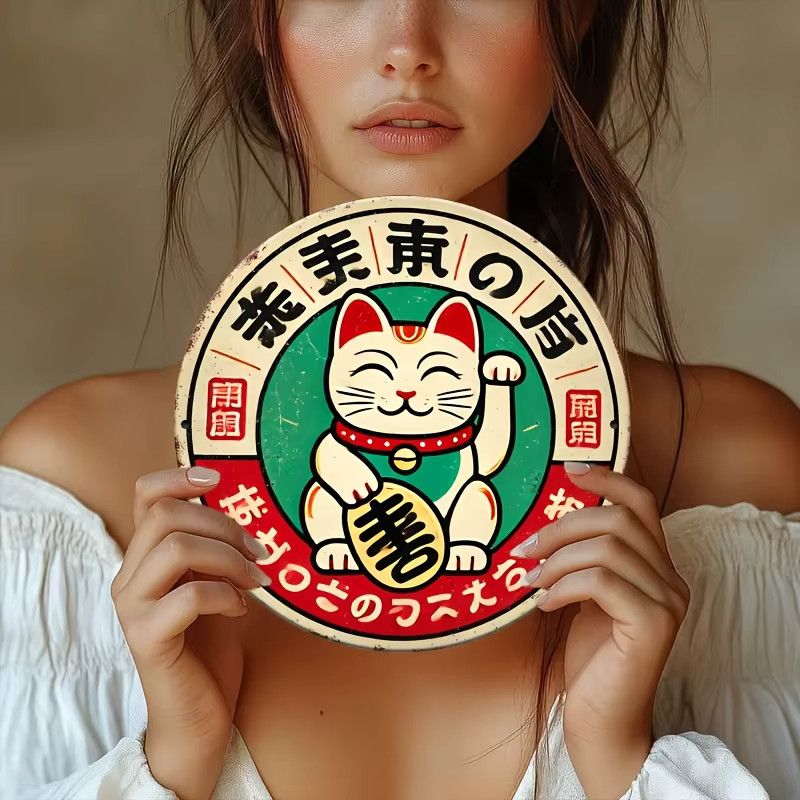 Potdemiel Vintage Maneki Neko Wanddekoration aus Aluminium, rund, Multicolor, Durchmesser: 20,3 cm - Bild 5