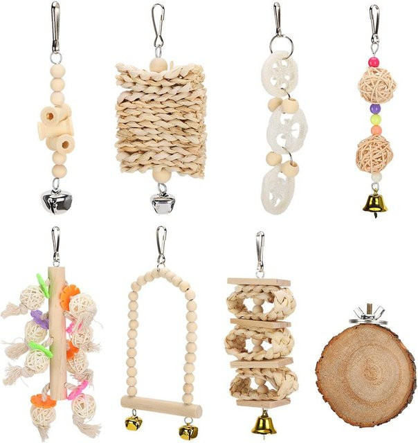 TOMTOP JMS Vogel-Papageien-Hängeschaukel-Käfig-Spielzeug, Naturholz-Vogel-Kletter-Kauspielzeug-Set, 8 Packungen - Bild 1