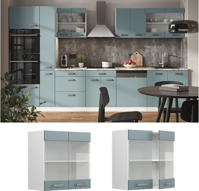 Vicco Küchenglashängeschrank R-Line mit 2 Glastüren in Blau-Grau und Weiß, Breite: 60 cm - Bild 3