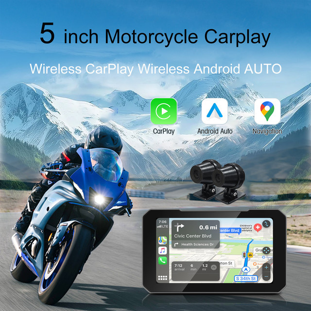 Ezonetronics 5-Zoll Motorrad-Touchscreen in Schwarz mit kabellosem CarPlay und Android Auto, IP67 wasserdicht mit Dual-Kameraaufnahme und TPMS - Bild 1