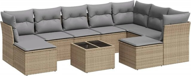 vidaXL 10-tlg Garten-Sofagarnitur in L-Form aus beigem Poly-Rattan mit Kissen und pulverbeschichtetem Stahlgestell - Bild 1