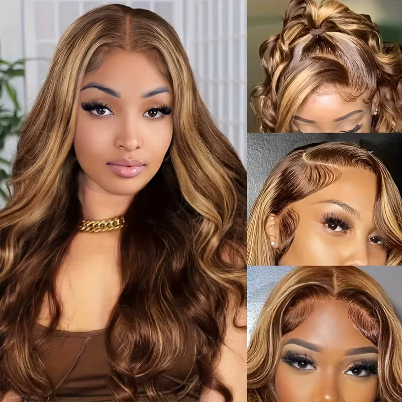 FIUMER Echthaar-Perücke, Braune Body Wave, HD Lace Frontal, P4/27 Ombre Braun, 86cm - Bild 4