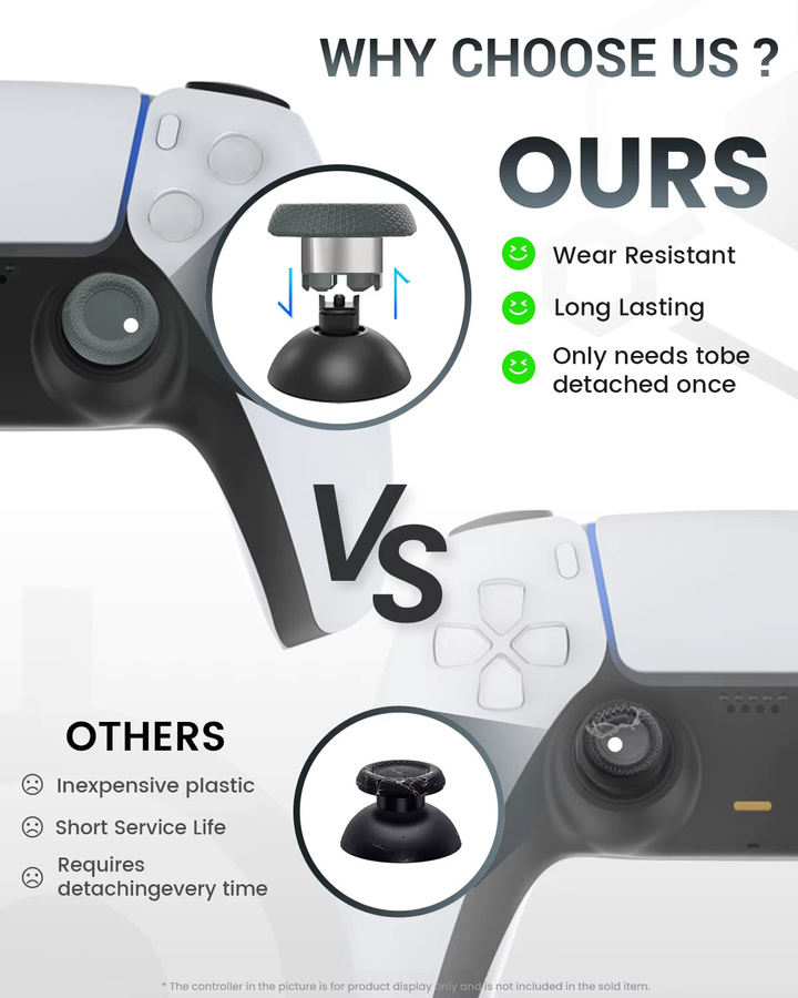 CHARM FOCUS Joystick-Kappen Set mit Metallring-Daumen-Joystick und weicher Gummi-Basis in Schwarz für PS5, PS4, Switch Pro und Xbox Controller - Bild 4