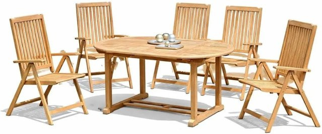 DELUKE Garten-Sitzgruppe MANUEL 7-teilig aus Teakholz in Teakbraun mit ausziehbarem ovalem Esstisch - Bild 1