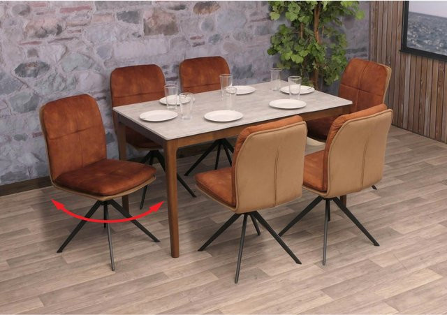 6er-Set MCW Esszimmerstühle M68 in Braun mit Stoffbezug und 180 Grad Drehbarkeit - Bild 1
