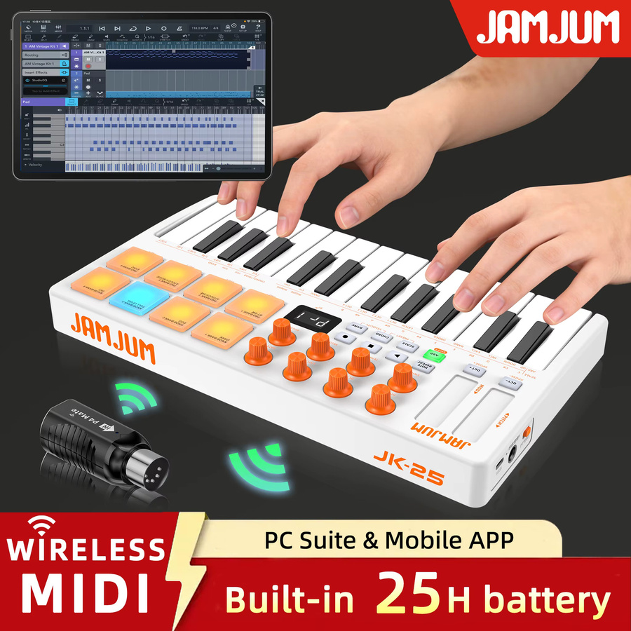 JANJUM MIDI-Pad-Controller-Keyboard in Weiß mit 25 Tasten, 16 RGB-Drum-Pads und 8 Drehreglern für deine Musikproduktion inklusive Software - Bild 2