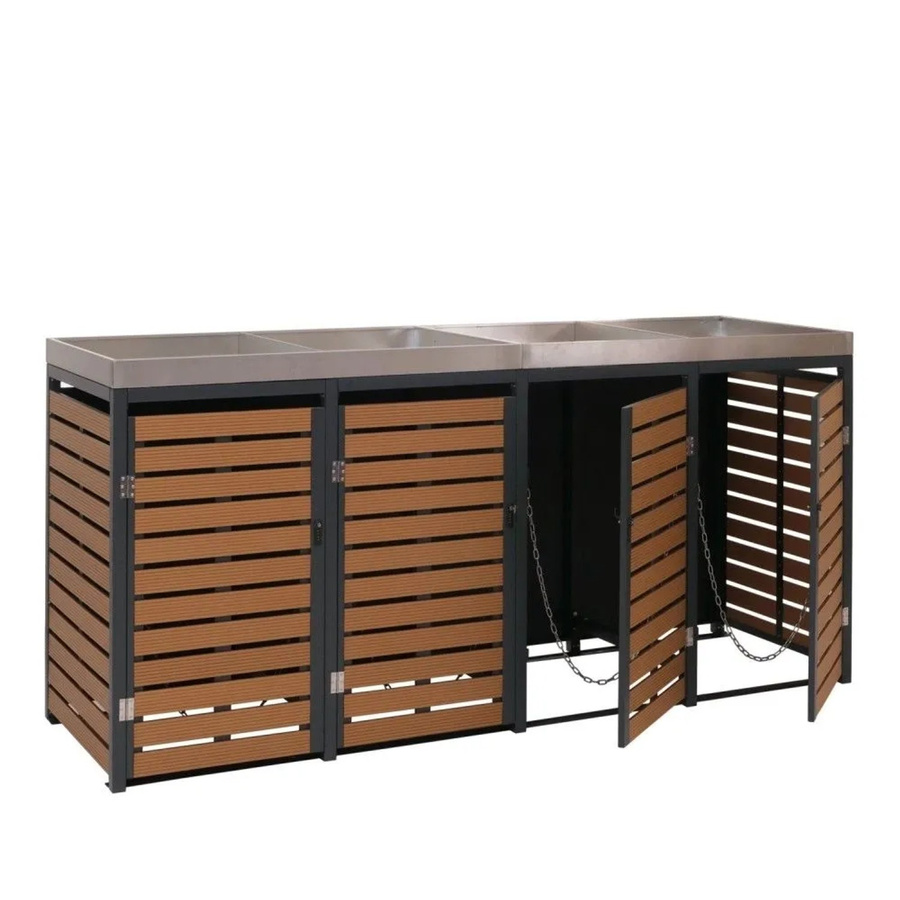 MCW 4er Mülltonnenverkleidung K14 mit Pflanzkasten in Teak-Optik aus WPC und Edelstahl, B/T/H: 124 x 265 x 84 cm - Bild 2