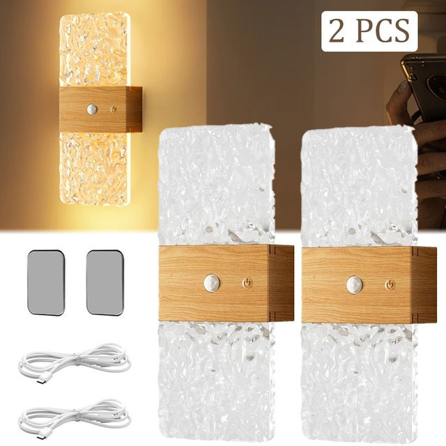 UMEXUS 2er Set Kabellose LED Wandleuchten mit Touch-Steuerung und USB-Akku, Rechteckige Wandlampe aus Holz und Glas in Up-Down-Beleuchtung - Bild 1