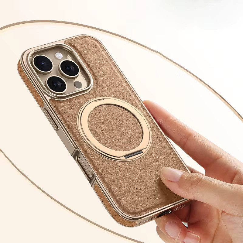 RUWANGAA MagSafe Magnetische iPhone Hülle mit 360 Grad Rotierbarem Metall-Ring aus Leder in Weiß für iPhone 16 Pro Max, 15 Pro Max, 14 und 13 - Bild 3