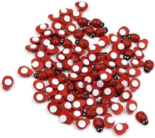 100 Stück Mini-Marienkäfer aus Holz in Rot, selbstklebende Holzfiguren für Kinder, DIY-Bastelarbeiten und Märchengarten-Dekoration - Bild 1