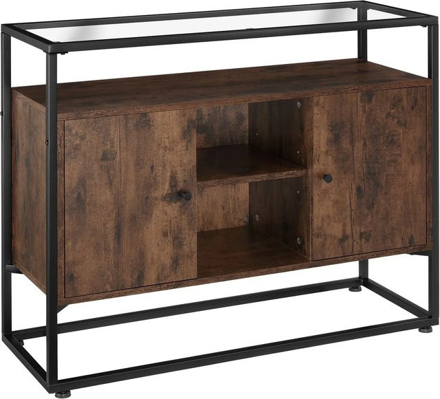 tectake Sideboard Industrial Style in Braun und Schwarz mit Glasplatte, offener Ablage, 2 Staufächern mit Magnettüren und 3 Einlegeböden, B/T/H: 100 x 38 x 80,5 cm - Bild 2
