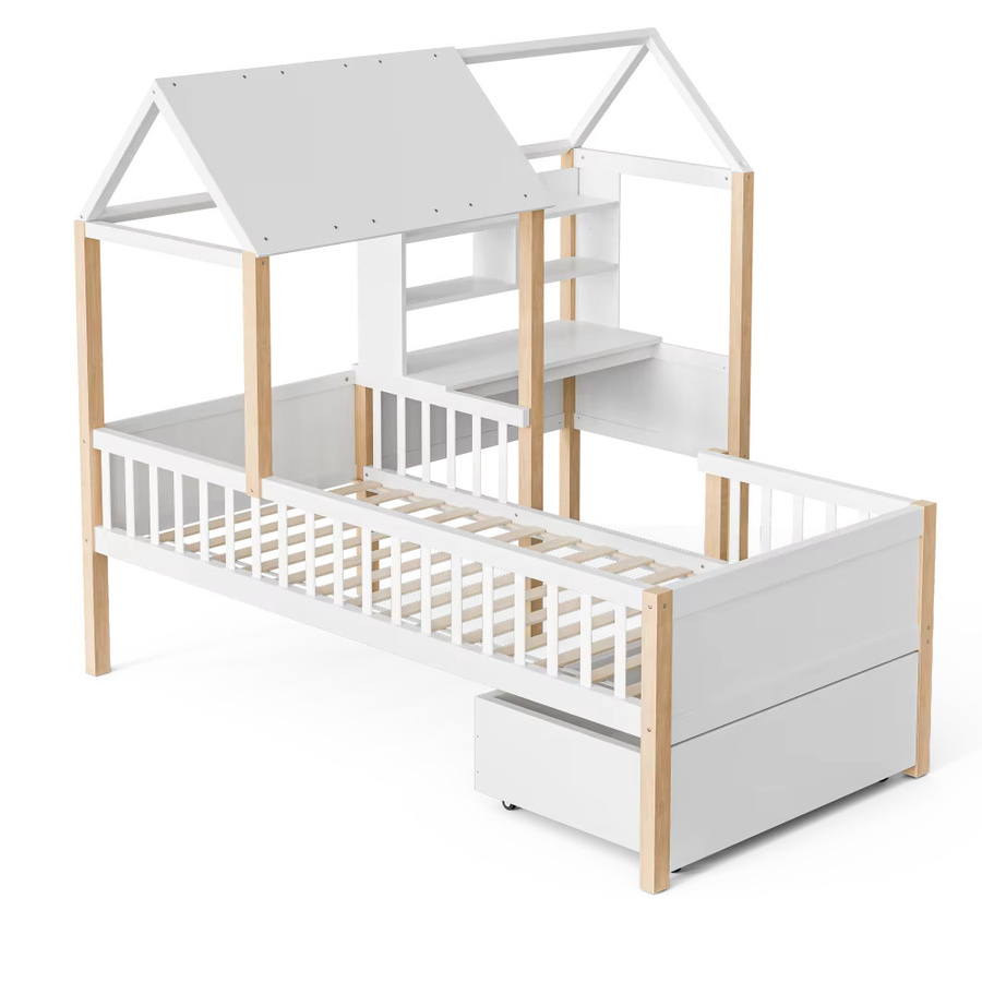 Multifunktionales Kinderkabinenbett aus Massivholz in Weiß mit L-förmigem Schreibtisch, Bücherregal, rollenden Schubladen und Sicherheitsgeländer, B/T/H: 90 x 200 x 205 cm - Bild 3
