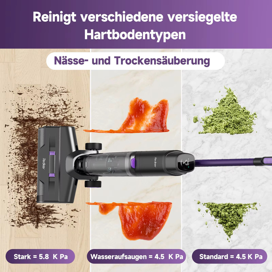 Redroad H15 Intelligenter 3-in-1 Kabelloser Nass-Trocken-Staubsauger und Bodenwischer mit Selbstreinigung in Schwarz und Lila - Bild 6