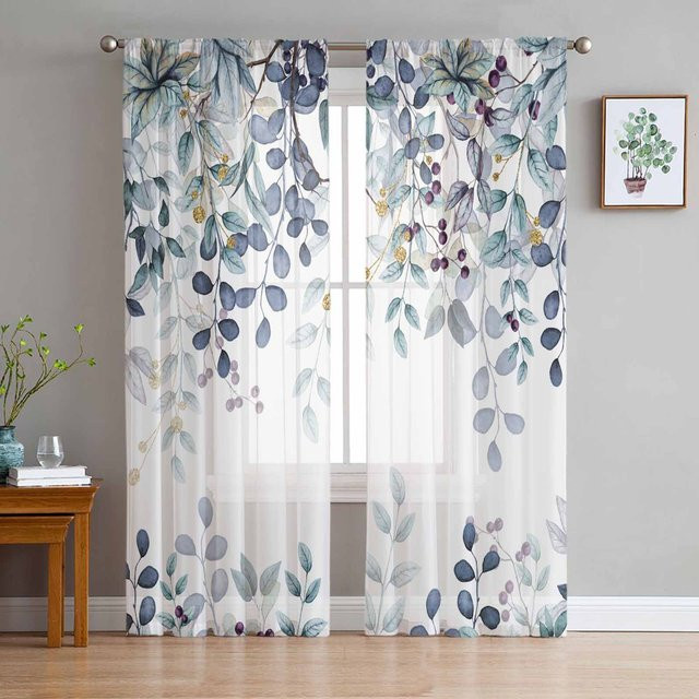 Yiran Furniture Transparentes Tüll-Voile-Organza Vorhang mit abstraktem salbeigrünem Blätter- und Zweigmuster, B: 135 cm, H: 185 cm - Bild 1