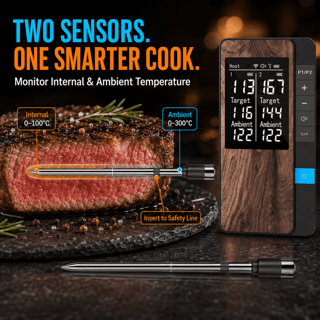 Kabelloses digitales Fleischthermometer von Xinsio mit Bluetooth, App-Steuerung und LCD-Bildschirm, wiederaufladbar, Schwarz - Bild 1
