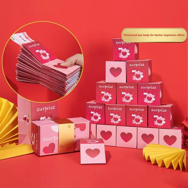 Rote Überraschungs-Explosionsbox als DIY-Geschenkkarton mit Herzmuster für Valentinstag und Qixi - Bild 1