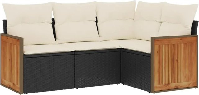vidaXL 4-teilige Garten-Sofagarnitur in L-Form aus Polyrattan und Akazienholz in Schwarz mit Kissen und Stauraum - Bild 1