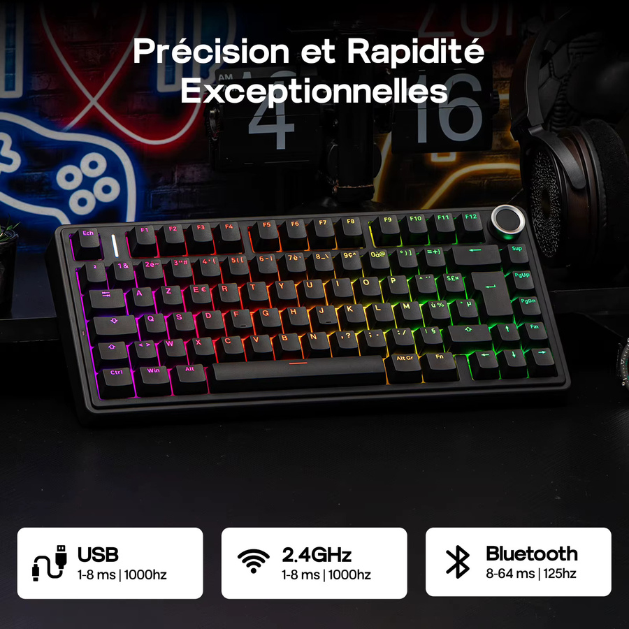 AULA F75 Mechanische Gaming-Tastatur mit RGB-Hintergrundbeleuchtung, 75% Layout, ISO-FR AZERTY Französisches Layout, Kabellos (Bluetooth 5.0/2,4GHz) und Kabelgebunden, Schwarz - Bild 2