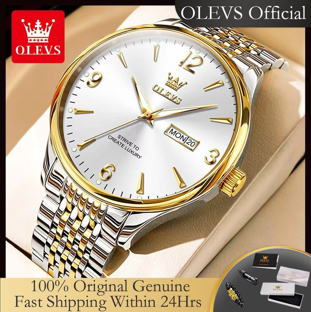 OLEVS Digitaluhr, Quarz, Edelstahl, Bicolor, Weiß, Herren - Bild 1