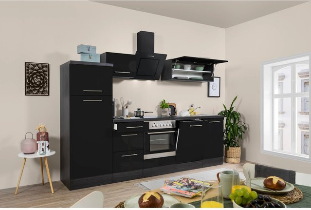 Respekta Premium Küchenzeile modern in Schwarz Hochglanz und Eiche Grau mit Soft-Close-Türen, Breite: 280 cm, Höhe: 82,0 cm, Tiefe: 54,5 cm - Bild 1