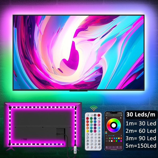 Mikenoon RGB 5050 LED-Streifen mit Musik-Synchronisierung für TV-Hintergrundbeleuchtung und Dekoration, Multicolour, 30 LEDs/m - Bild 1