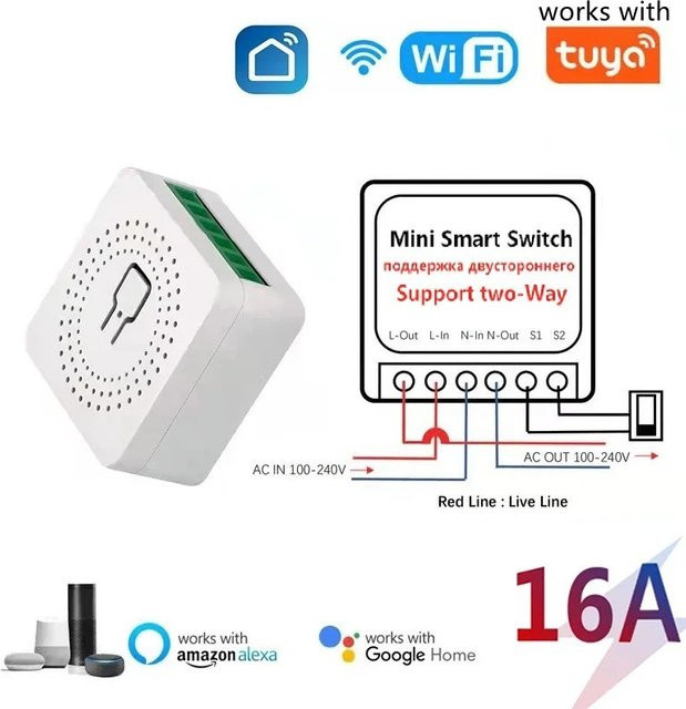 Szaoju Smart Switch Modul 16A WLAN Mini-Schalter für 2-Wege-Steuerung in Weiß, kompatibel mit Tuya App, Smart Life, Alexa und Google Assistant - Bild 1