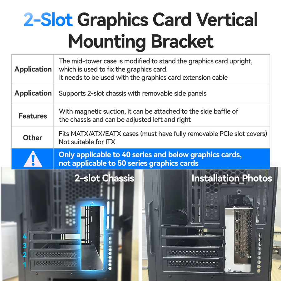 JEYI Vertikale Grafikkarten-Montagehalterung aus Aluminium in Schwarz, kompatibel mit PCIe 3.0/4.0/5.0-Verlängerungskabeln für 2/3 Steckplätze - Bild 5