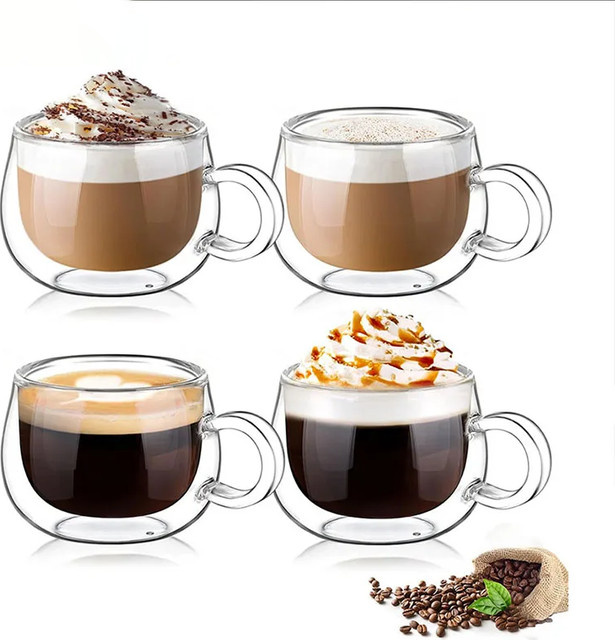 YWDL Doppelwandiges Glas-Kaffeetassen-Set aus transparentem Glas, Espressotassen mit Griff für Milch, Latte und Tee, 100/200 ml - Bild 1
