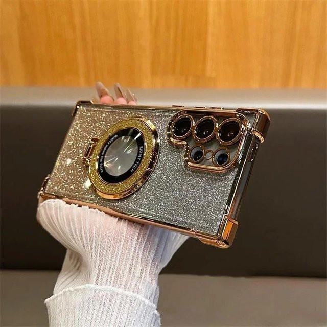 WAYN MagSafe Glitzerhülle für Samsung Galaxy S25 S24 Ultra S23 FE S22 Plus S21 S20 A55 5G A54 A53 A24 in Gold und Transparent, stoßfeste klare Abdeckung - Bild 1