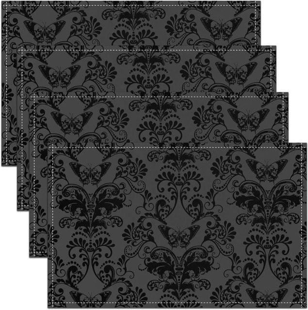 8er Set JF TableLinen Tischsets aus Jacquard Damast in Schwarz mit Zuckerschädel- und Blumenmuster im Barockstil - Bild 1