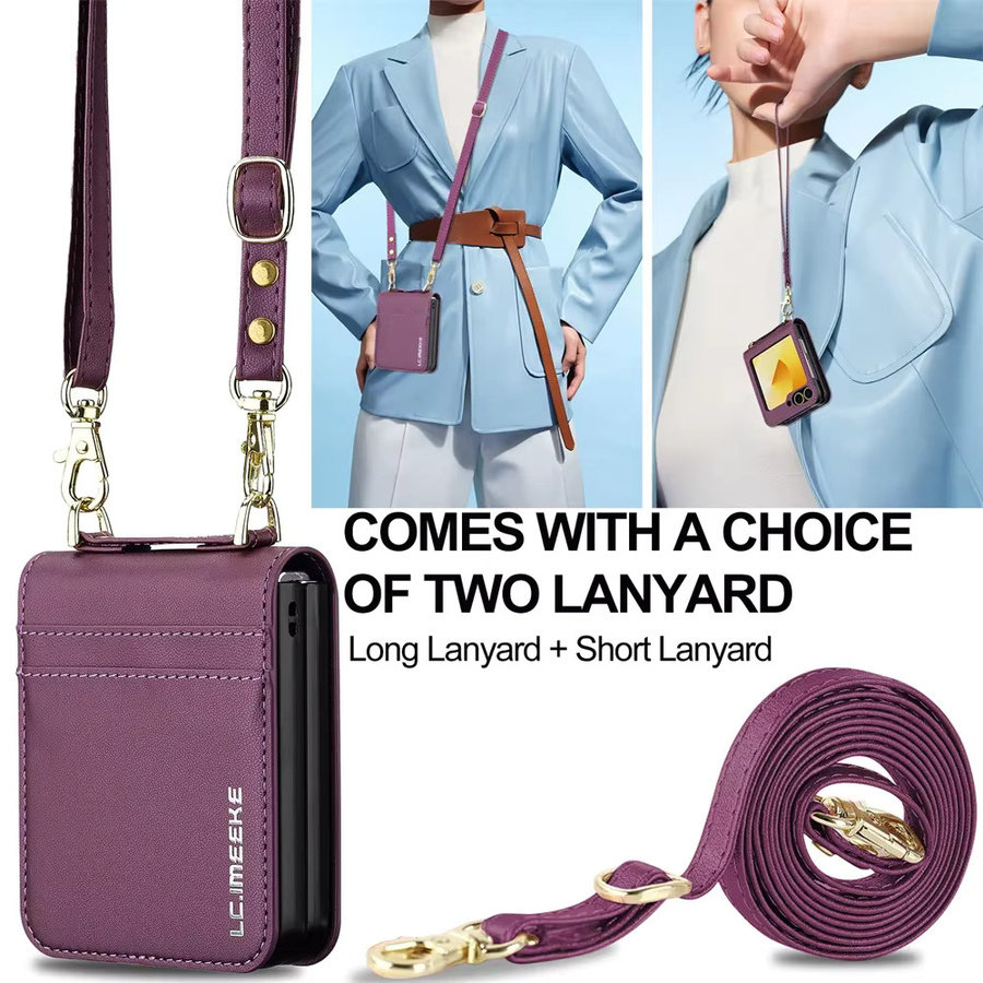 Lederne Crossbody-Geldbörsenhülle für Samsung Galaxy Z Flip 8 7 FE 6 5 4 3 5G mit Kartenhalter, Handschlaufe und Lanyard in Purple - Bild 6