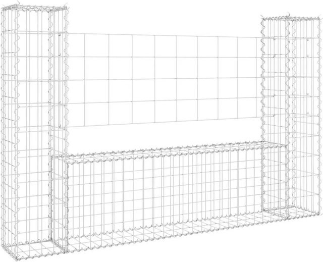 vidaXL Gabionenkorb U-Form aus Eisen mit 2 Säulen in Silber und Grau, B/T/H: 140 x 20 x 100 cm - Bild 1