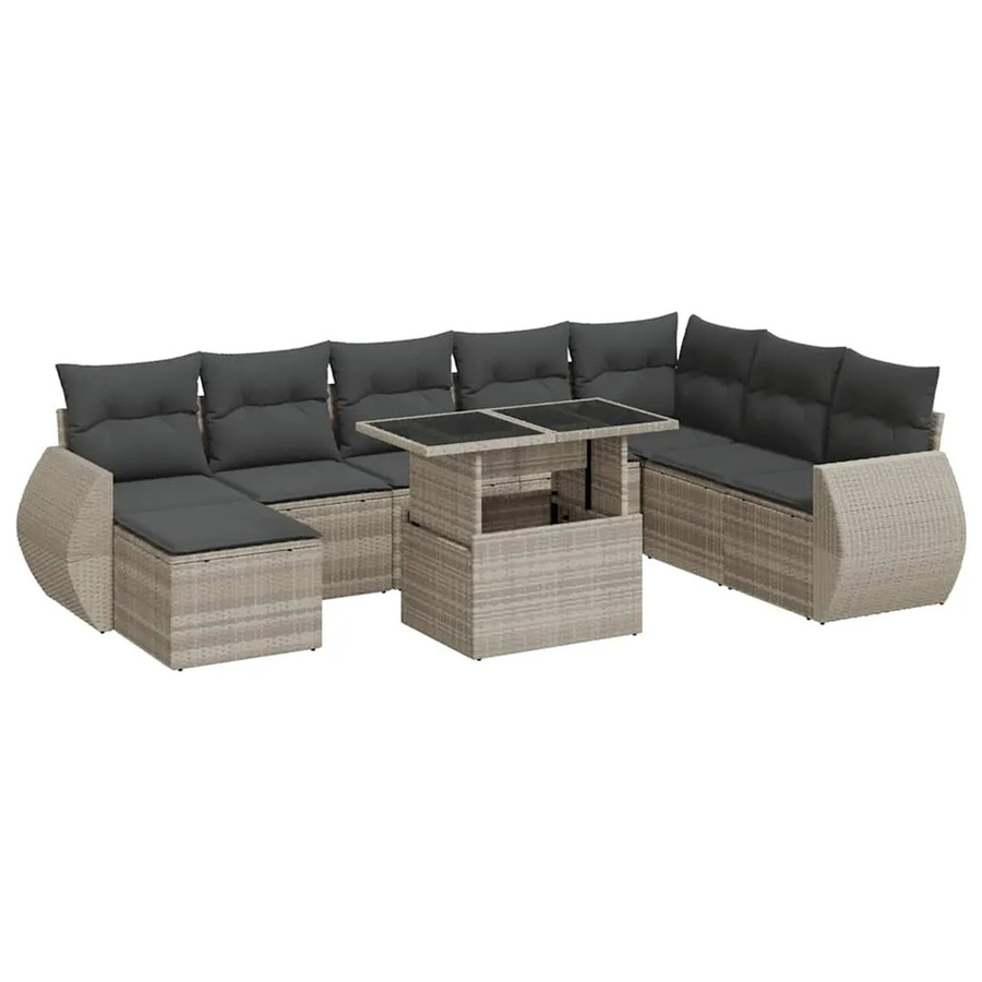vidaXL 9-tlg. Garten-Sofagarnitur in L-Form aus Poly-Rattan mit Kissen und Couchtisch in Hellgrau - Bild 2