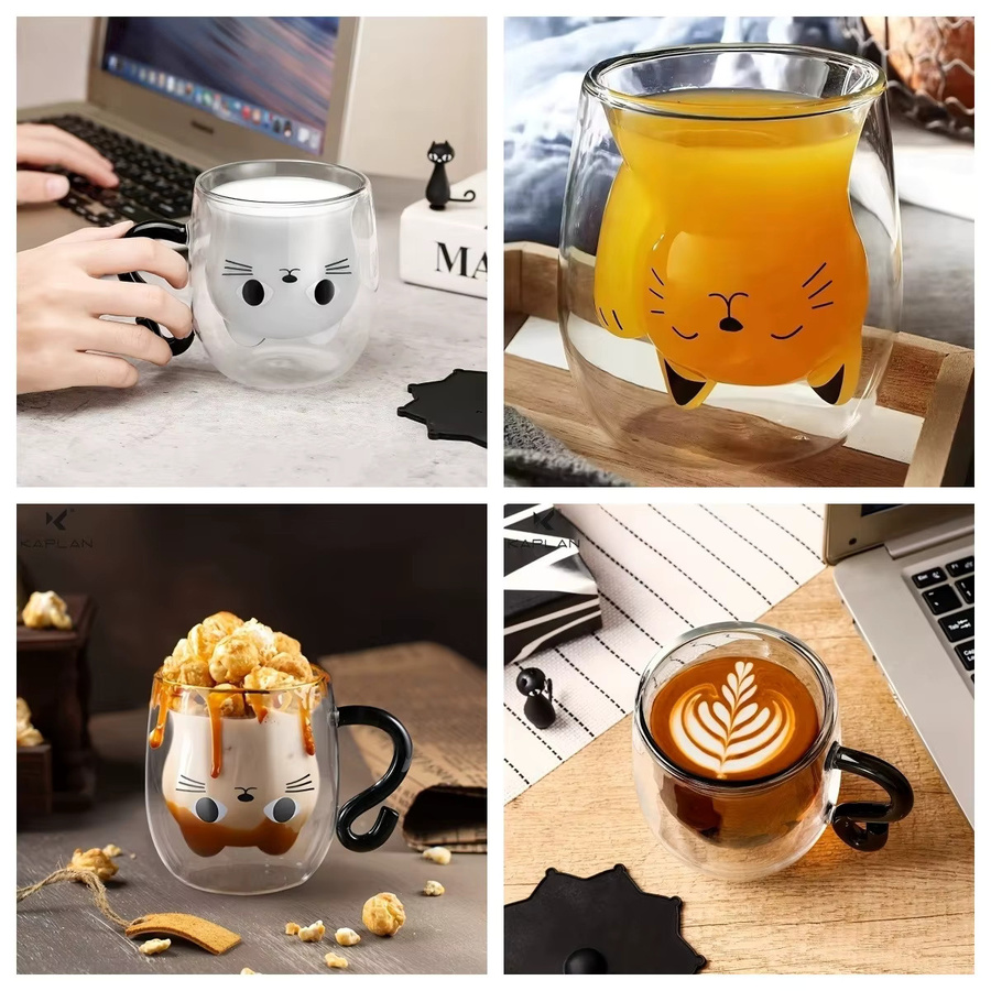 YOCITY Doppelwandige Glas-Tasse mit Katzenmotiv in Transparent - Bild 4
