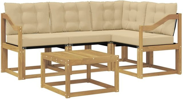 vidaXL Outdoor-Sofagarnitur 5-tlg. in L-Form mit Kissen und Couchtisch, Akazienholz, Weiß und Beige - Bild 1