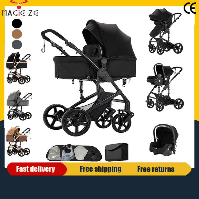 Magic ZC 3-in-1 Luxus-Kinderwagen Set mit Autositz und Babykutsche, faltbarer Buggy in Schwarz-Gold - Bild 1