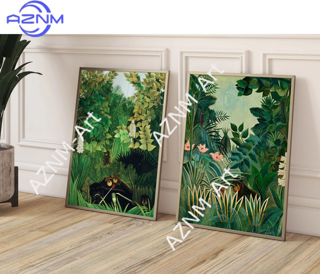 AZNM Wandkunst Henri Rousseau Drucke Der Äquatorialwald und Fröhliche Narren in Smaragdgrün und Multicolour für maximalistische Dekoration - Bild 1