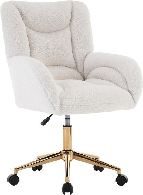DEKO COLLECTION Teddy-Bürostuhl aus Bouclé in Weiß mit goldener Metallbasis, höhenverstellbar und drehbar, B/T/H: 64 x 62 x 97 cm - Bild 1