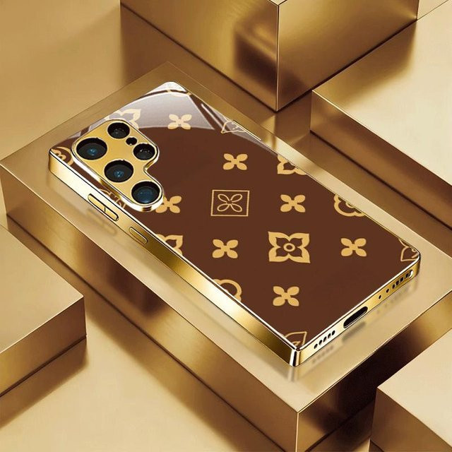Luxus Monogramm Muster Handyhülle aus Glas für Samsung Galaxy S26 Ultra, S25 Ultra, S24, S23 und S22 Ultra in Braun - Bild 1