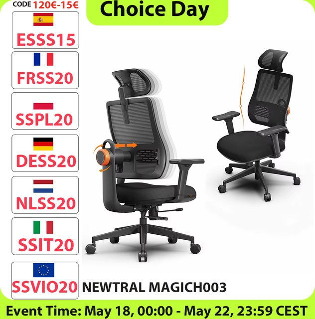 NEWTRAL MAGICH003 Ergonomischer Bürostuhl in Schwarz und Grau mit verstellbarer Kopfstütze, adaptiver Rückenstütze und verstellbarer Sitztiefe - Bild 1
