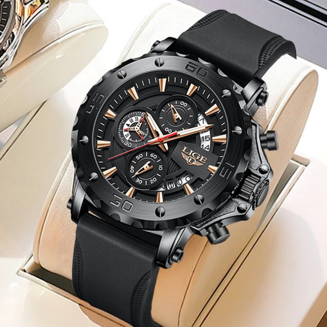 LIGE Herrenuhr, Quarz, Silikonarmband, Schwarz, Stoppuhr - Bild 1