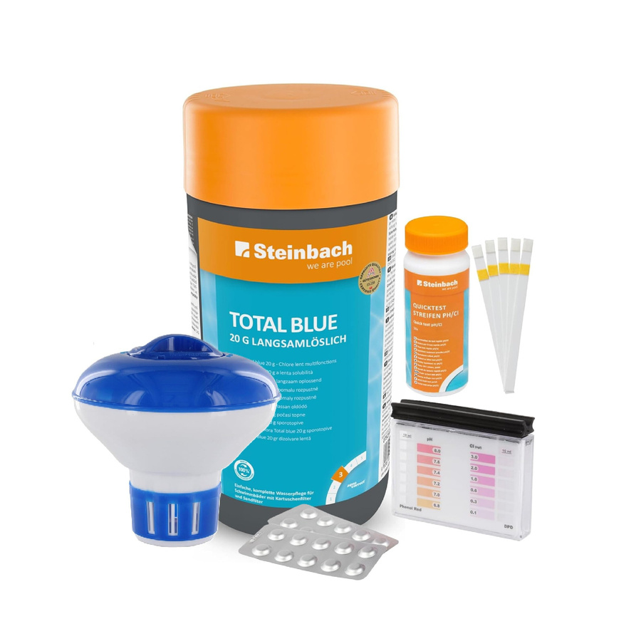 Steinbach Poolpflege Total Blue Starter-Set zur Wasserkontrolle mit 50 Teststreifen, Dosierschwimmer und Testkit für pH-Wert und Chlor - Bild 1