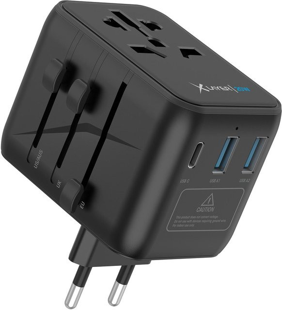 XLayer Weltweiter Reisestecker mit USB-C und USB-A Ladegerät, 20W, Schwarz - Bild 1