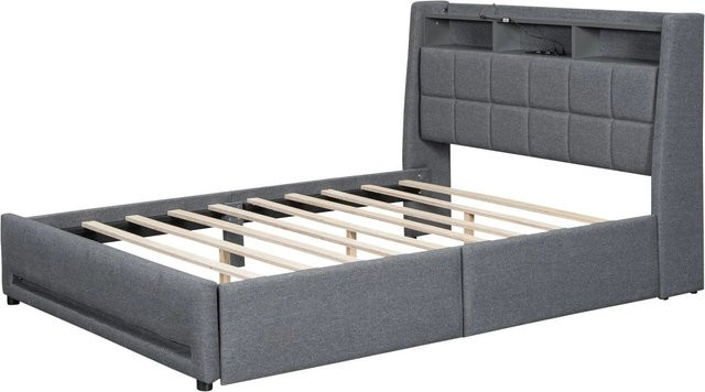 okwish Polsterbett Grau mit LED-Beleuchtung, USB-Anschluss und Schubladen, B/T/H: 140 x 200 x 153 cm - Bild 1