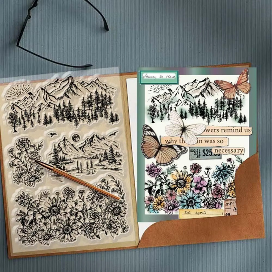 Transparente Silikonstempel Mountain Forest mit Gänseblümchen-Motiv für die Kartenherstellung - Bild 4