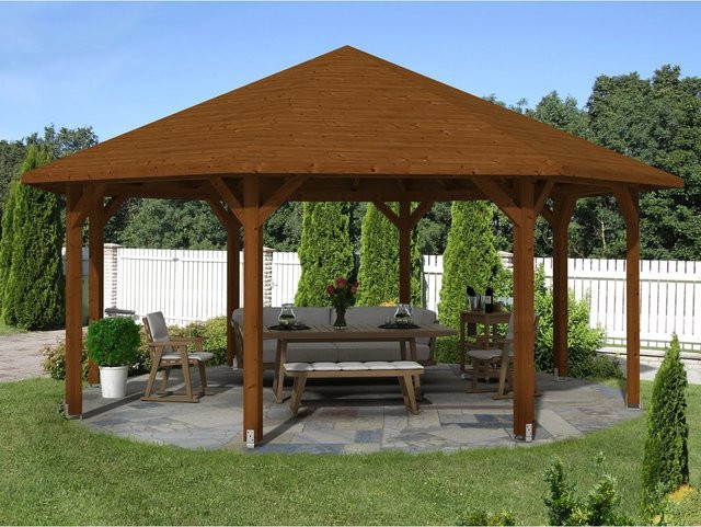 SKANHOLZ Pavillon Nice 4 aus Leimholz mit Zeltdach in Nussbaum Braun, B/T/H: 630 x 630 x 365 cm - Bild 4