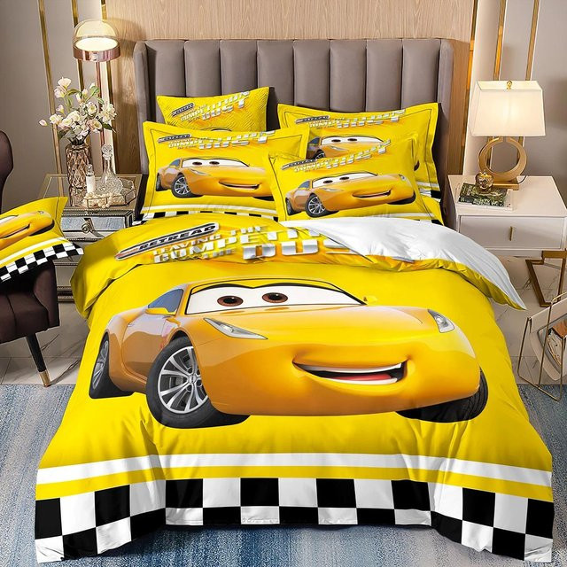 Rennwagen Cartoon Bettwäsche-Set mit 3D-Druck für Kinder und Erwachsene, Gelb, B/T: 200 x 200 cm, inklusive Bettbezug und Kissenbezug aus Mikrofaser - Bild 1